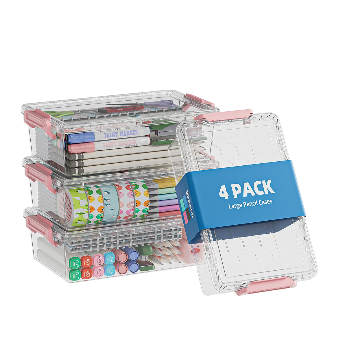 BiuLeon 4 Pack Extra Large Pencil Box, Plastic Pencil Case Organizer, Clear Crayon Box Marker Organizer, Stackable Craft Organizers and Storage for Pen, Craft, Art Supply(Grey)