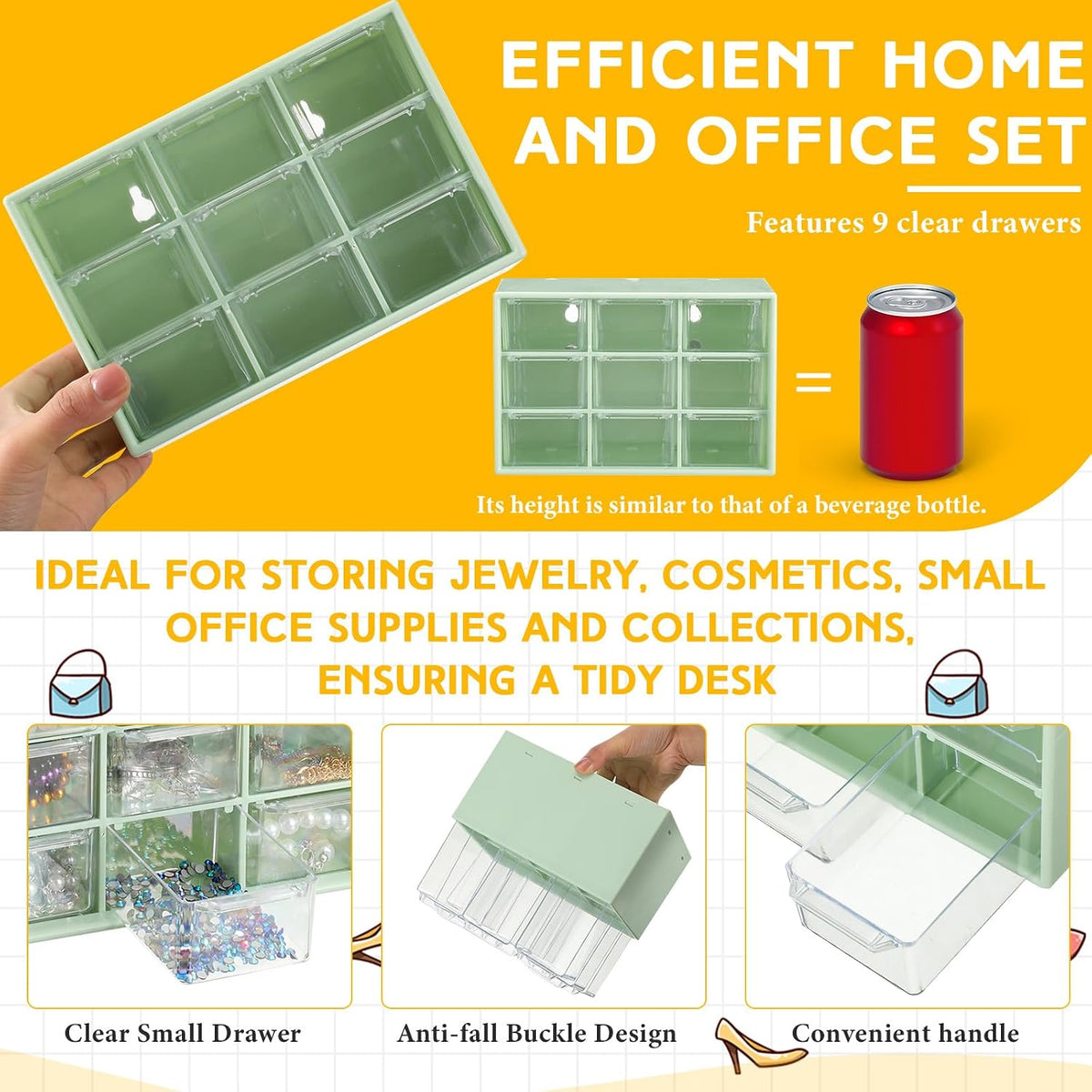 Wenqik 2 Pcs Mini Storage Drawers with 9 Clear Drawers, Green