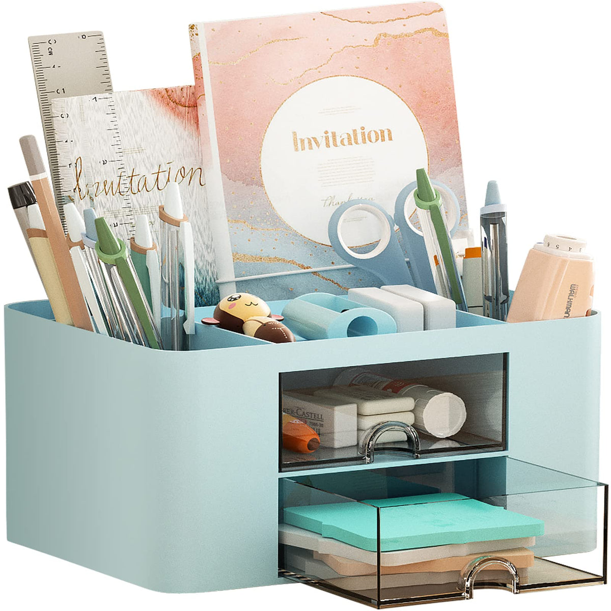 Marbrasse Pen Organizer with 2 Drawer, Multi-Functional Pencil Holder for Desk, Desk Organizers and Accessories with 5 Compartments + Drawer for Office Art Supplies (Black)