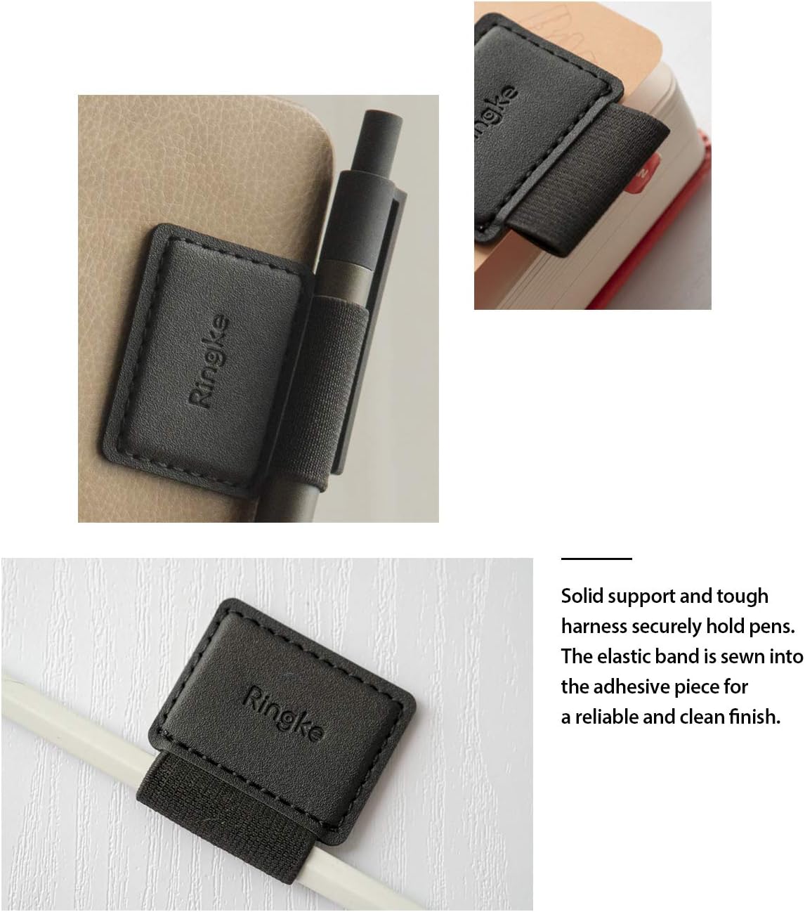 Ringke Pen Holder for Apple Pencil, Journal, Notebooks, and More - 3M Self Adhesive PU Leather Durable Pen Loop with Elastic (3 PACK) - Black