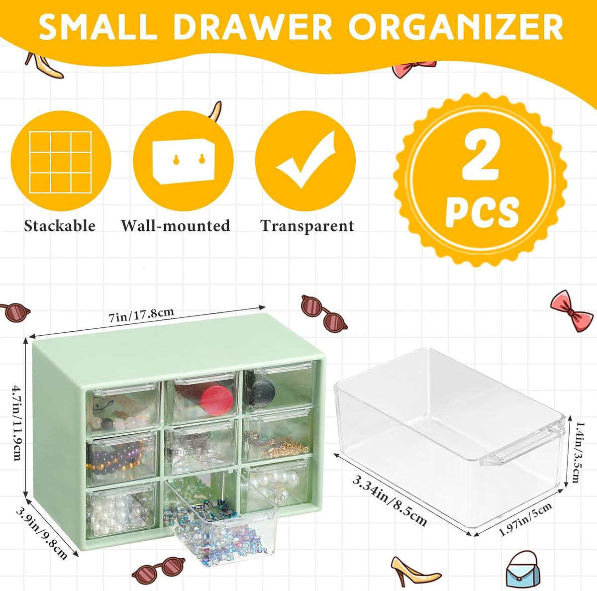 Wenqik 2 Pcs Mini Storage Drawers with 9 Clear Drawers, Green
