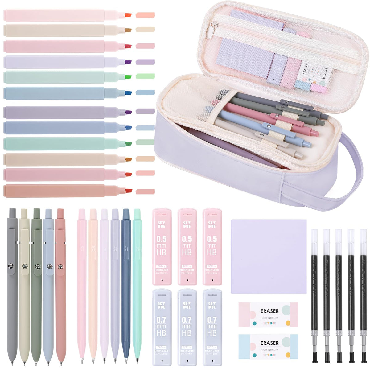 SKYDUE School Supplies Kit, 38 PCS Cute Stationery Set with Large Pencil Case, Pens, Mechanical Pencil Set, Highlighters & Refills, Aesthetic School Supplies for Girls, College, Back to School Pink