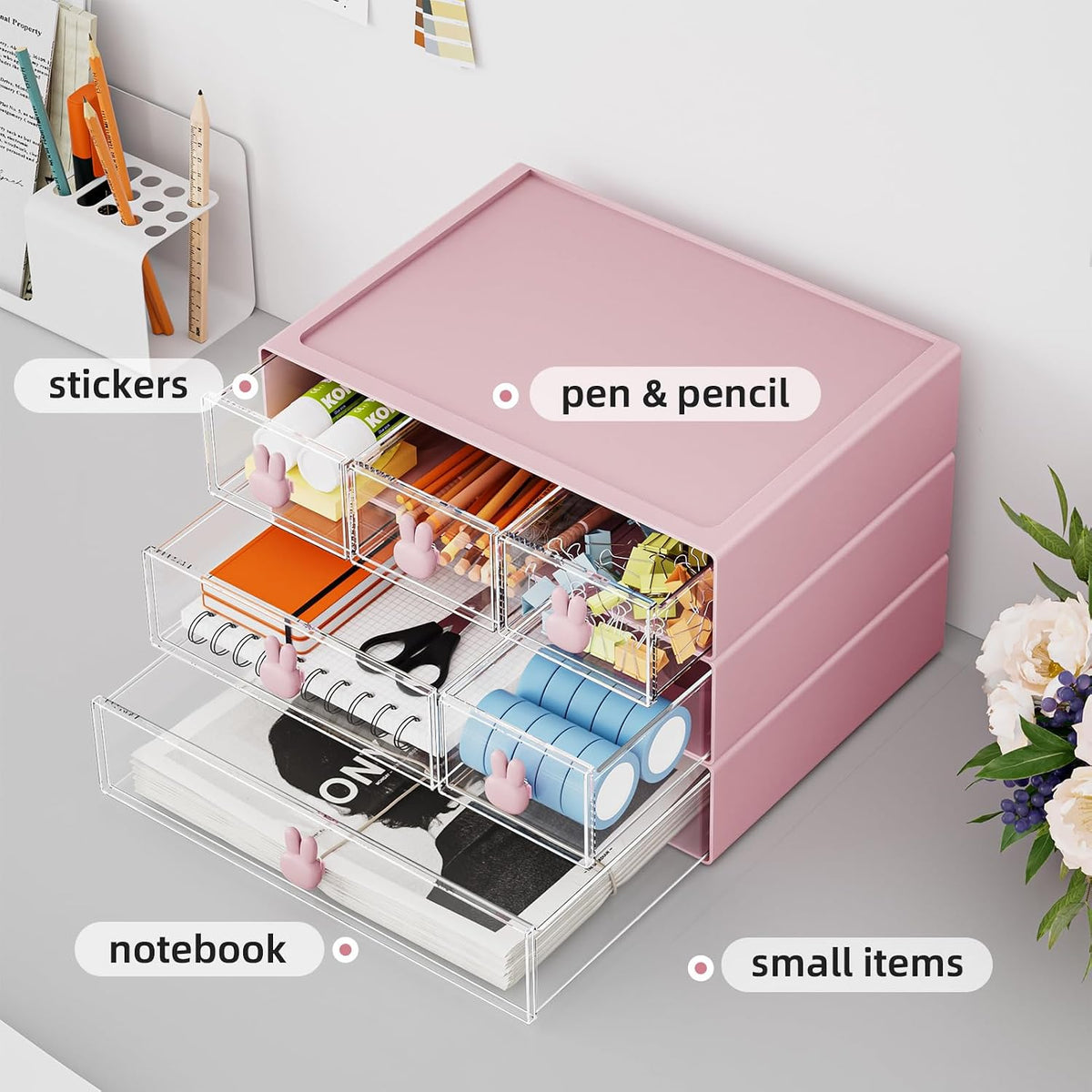 Marbrasse Desk Organizer with 6 Drawers, 3 Tier Stackable Storage Drawers Plastic Makeup Storage, Office Organizers and Storage, Desk Storage Box for Office, School, Home Pink