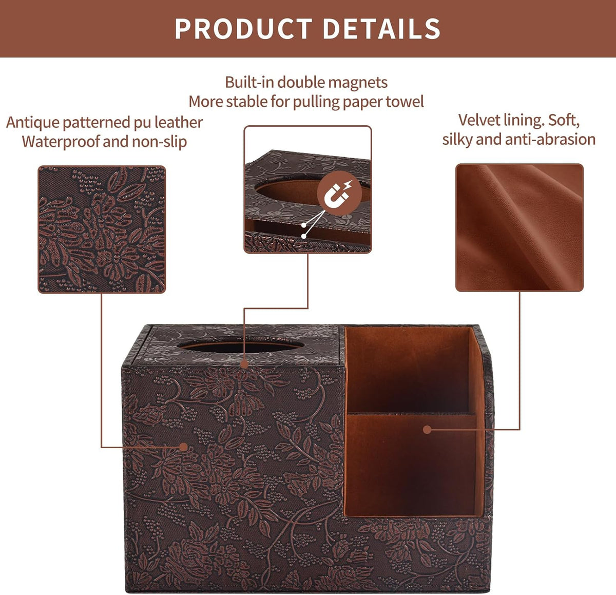 PU Leather Tissue Box Cover Square Tissue Holder Tissues Box Organizer with 2 Compartment,Remote Control Holder,Multifunctional Decorative Tissue Box Covers Cube,Home Office Desktop Storage Box,Retro