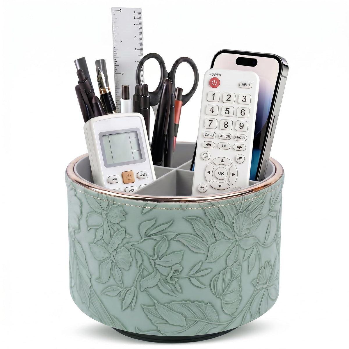 Round Leather Art Supply Organizer,Remote Control Holder,360 Degree Rotating,Multi-Functional Pencil Holder,4 Compartments Desktop Stationary Organizer(1-Fractal Flower)