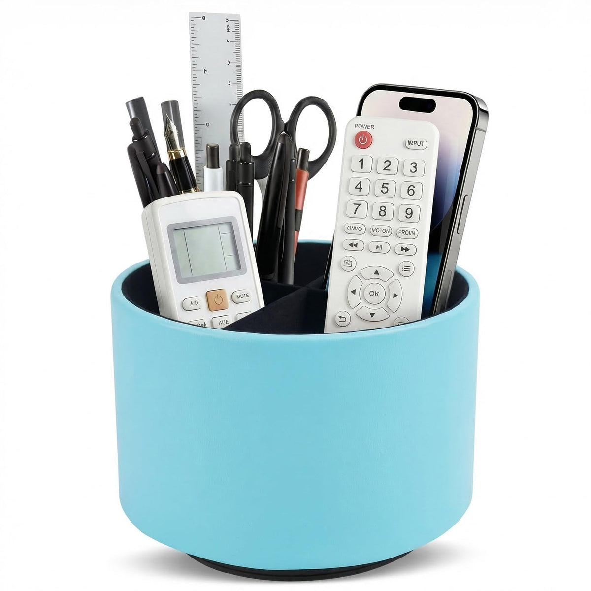 Round Leather Art Supply Organizer,Remote Control Holder,360 Degree Rotating,Multi-Functional Pencil Holder,4 Compartments Desktop Stationary Organizer(1-Fractal Flower)
