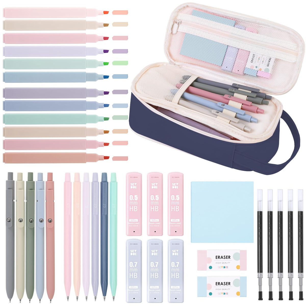 SKYDUE School Supplies Kit, 38 PCS Cute Stationery Set with Large Pencil Case, Pens, Mechanical Pencil Set, Highlighters & Refills, Aesthetic School Supplies for Girls, College, Back to School Pink