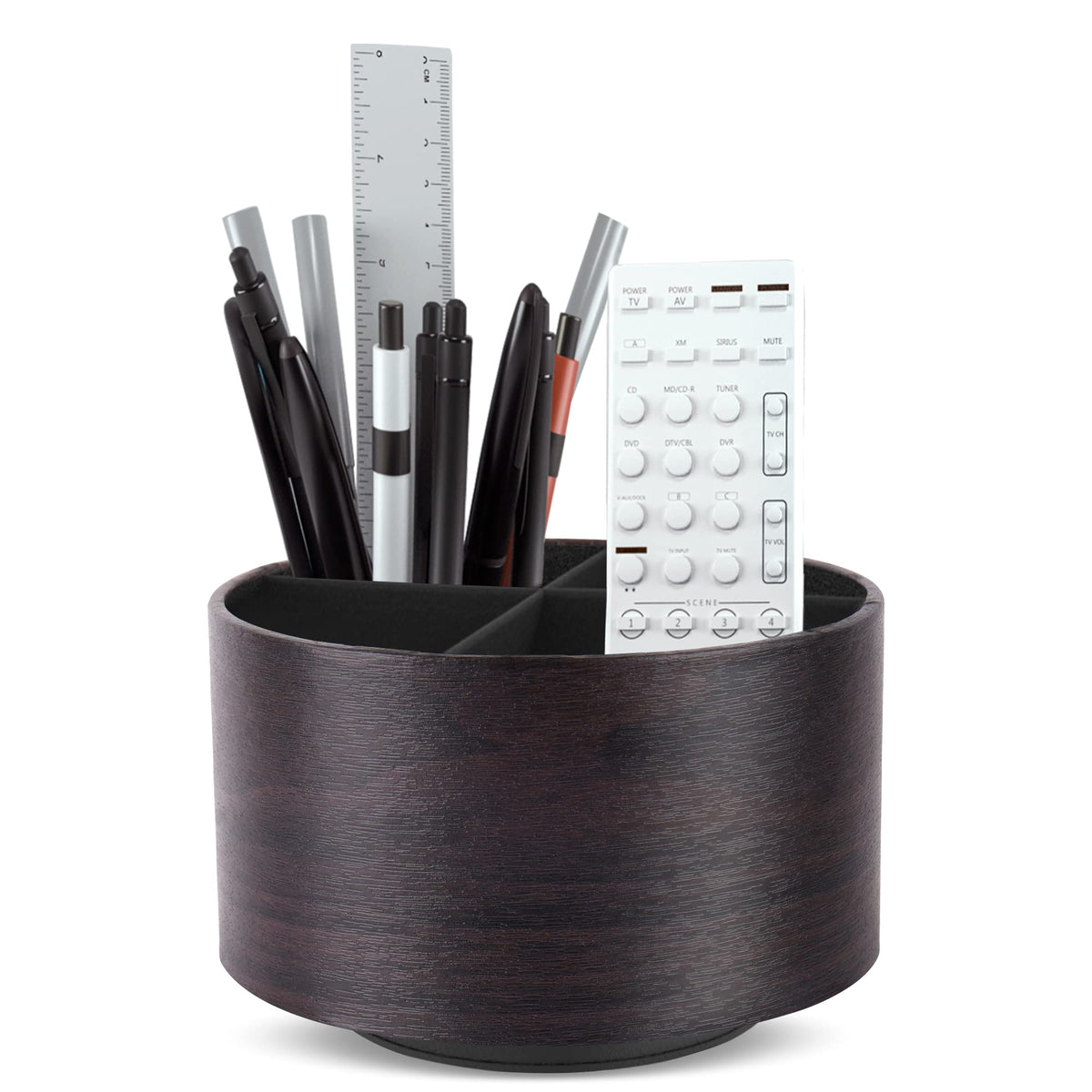 Round Leather Art Supply Organizer,Remote Control Holder,360 Degree Rotating,Multi-Functional Pencil Holder,4 Compartments Desktop Stationary Organizer(1-Fractal Flower)