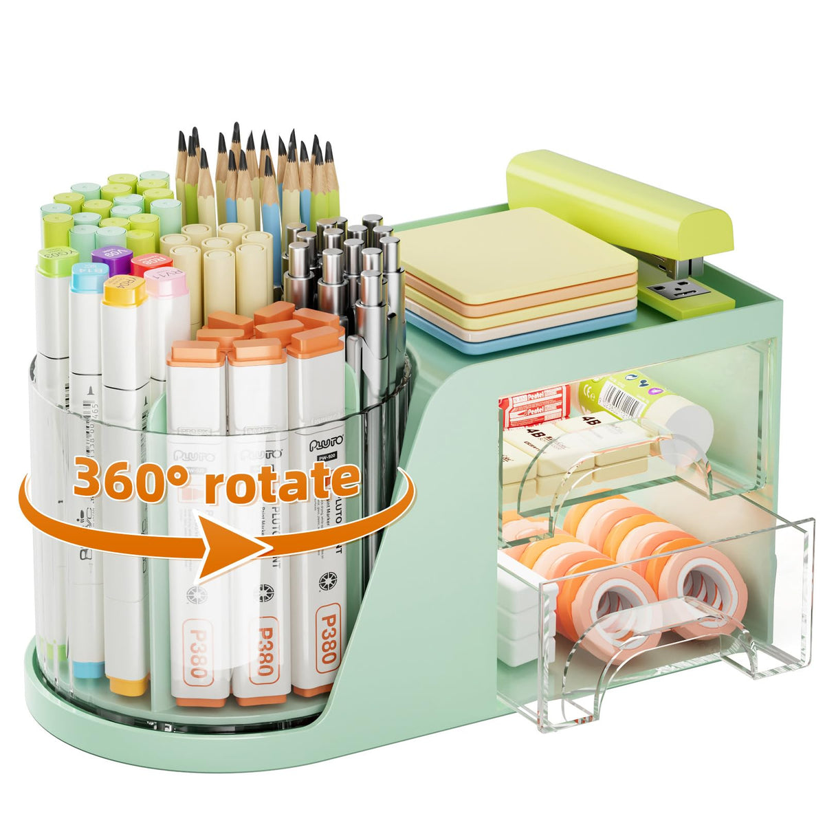 Marbrasse Desk Organizer with 2 Drawer, 360°Rotating Pen Holder, Desk Organizers and Accessories with 6 Slots Pencil Holder + 2 Drawer, Art Supply Storage Box Caddy for Office (Black)