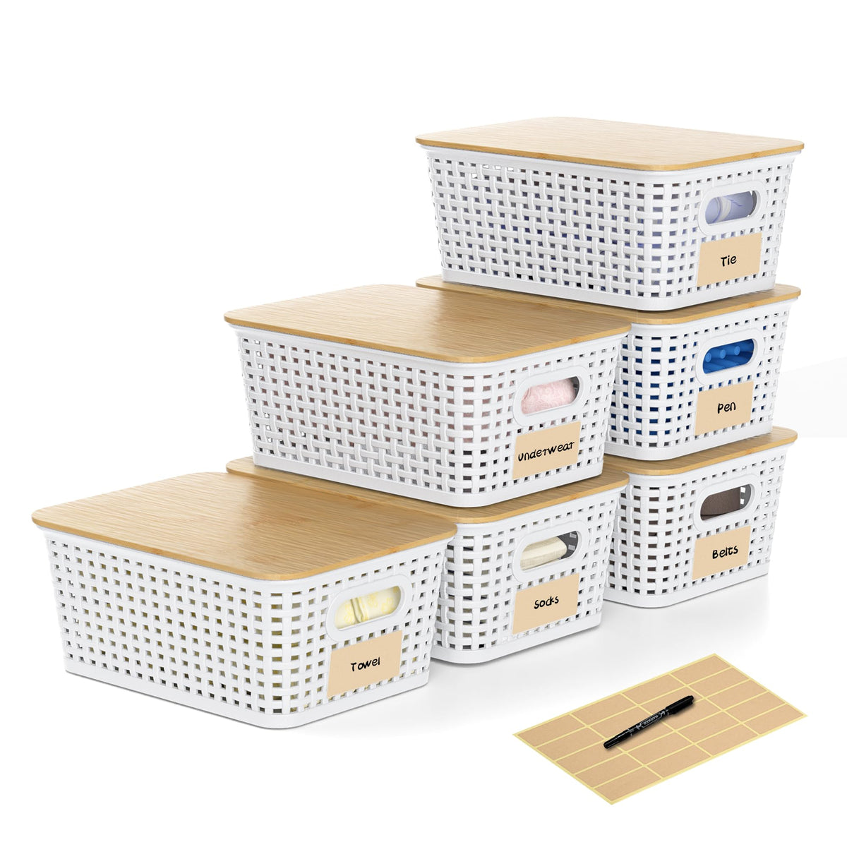 6 Pack Plastic Storage Baskets,White bamboo lid storage Box