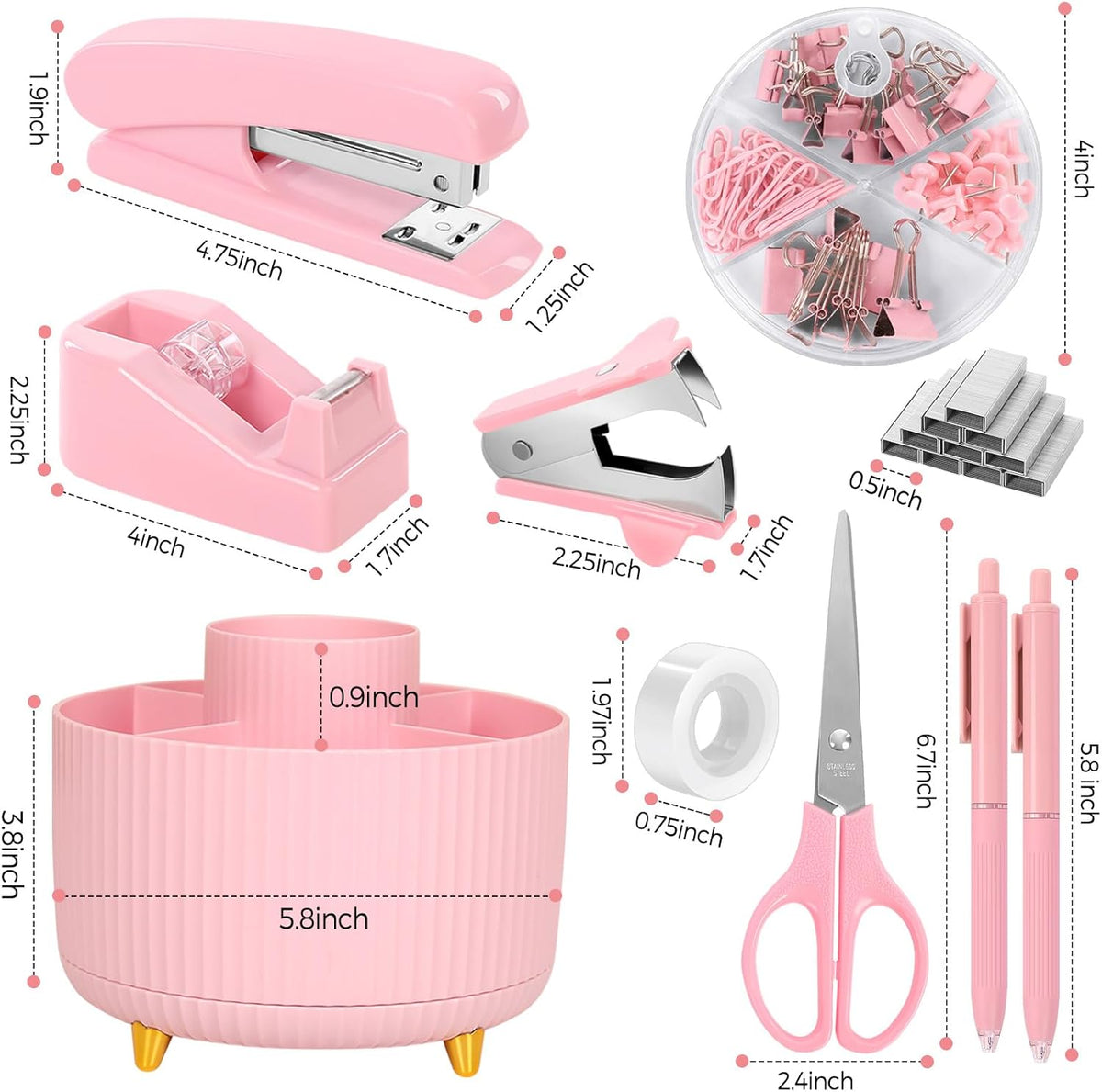 SKYDUE Pink Desk Accessories 11Pcs with Rotating Pen Holder for Desk