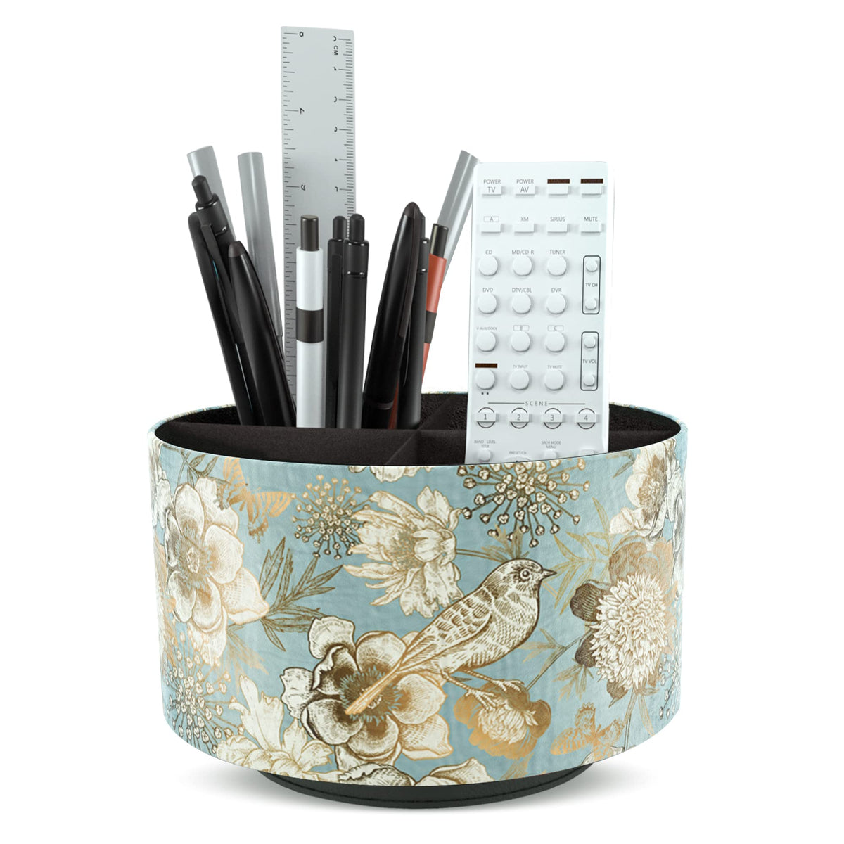 Round Leather Art Supply Organizer,Remote Control Holder,360 Degree Rotating,Multi-Functional Pencil Holder,4 Compartments Desktop Stationary Organizer(1-Fractal Flower)