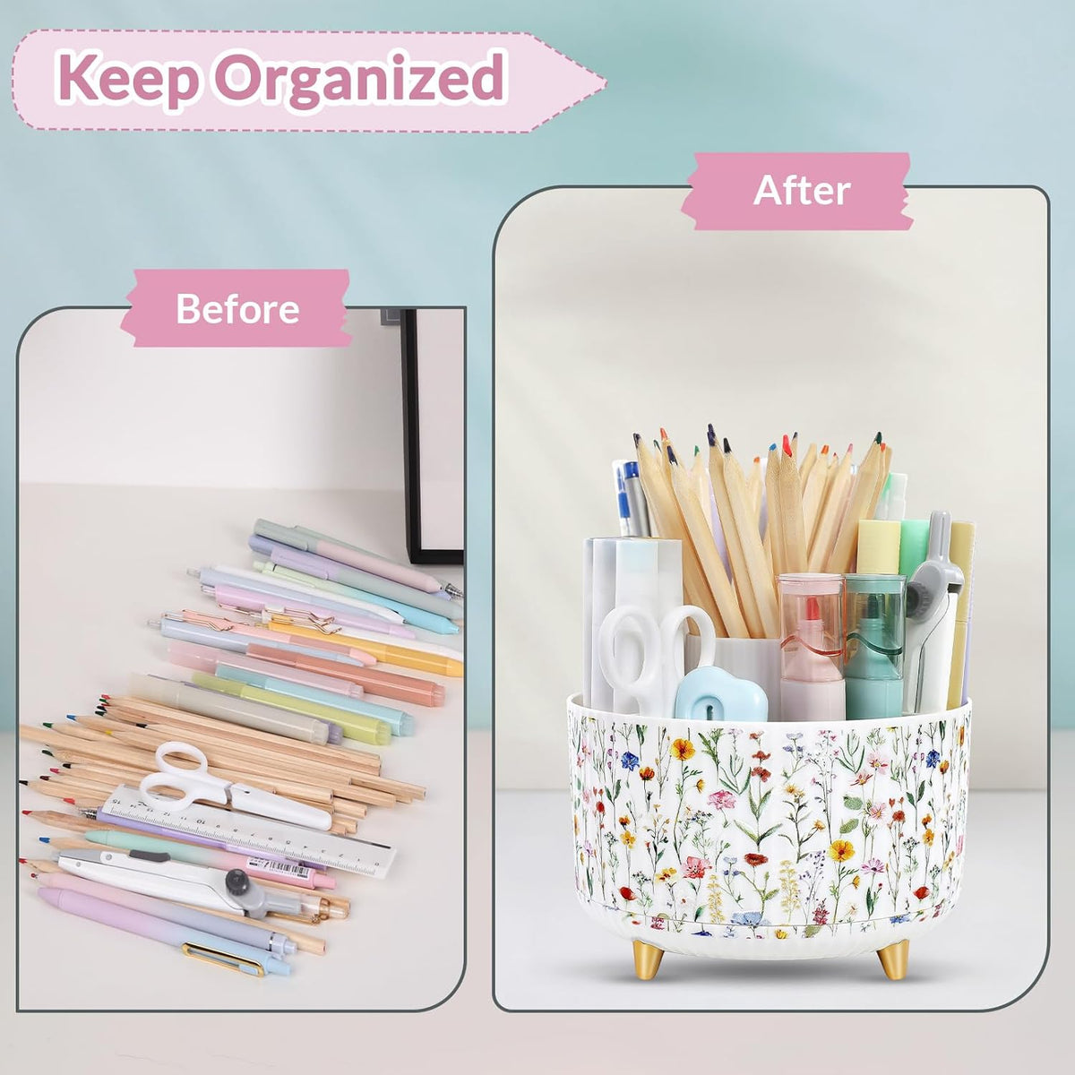 SKYDUE 360 Degree Rotating Desk Organizer, Dual-Purpose Pencil Pen Holder for Desktop, Desk Pen Organizer with 5 Slots, Office Supplies, Pencil Cup for Office, School, Home