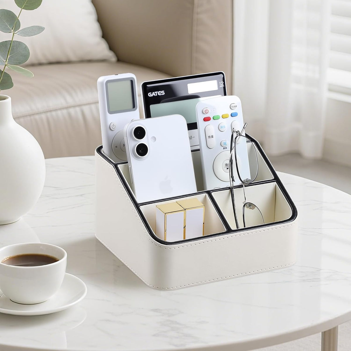 PU Leather Remote Control Holder, Nightstand Organizer with 4 Compartments