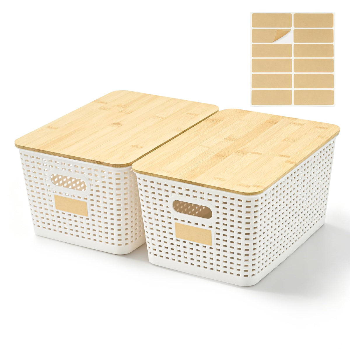 Bagnizer Small Plastic Storage Bins with Bamboo Lids 5.2qt Stackable Box Basket Pantry Decorative Containers Cute with Lable for Organizing Desktop Closet Office Black of 6 packs 10 * 7.2 * 4.1"