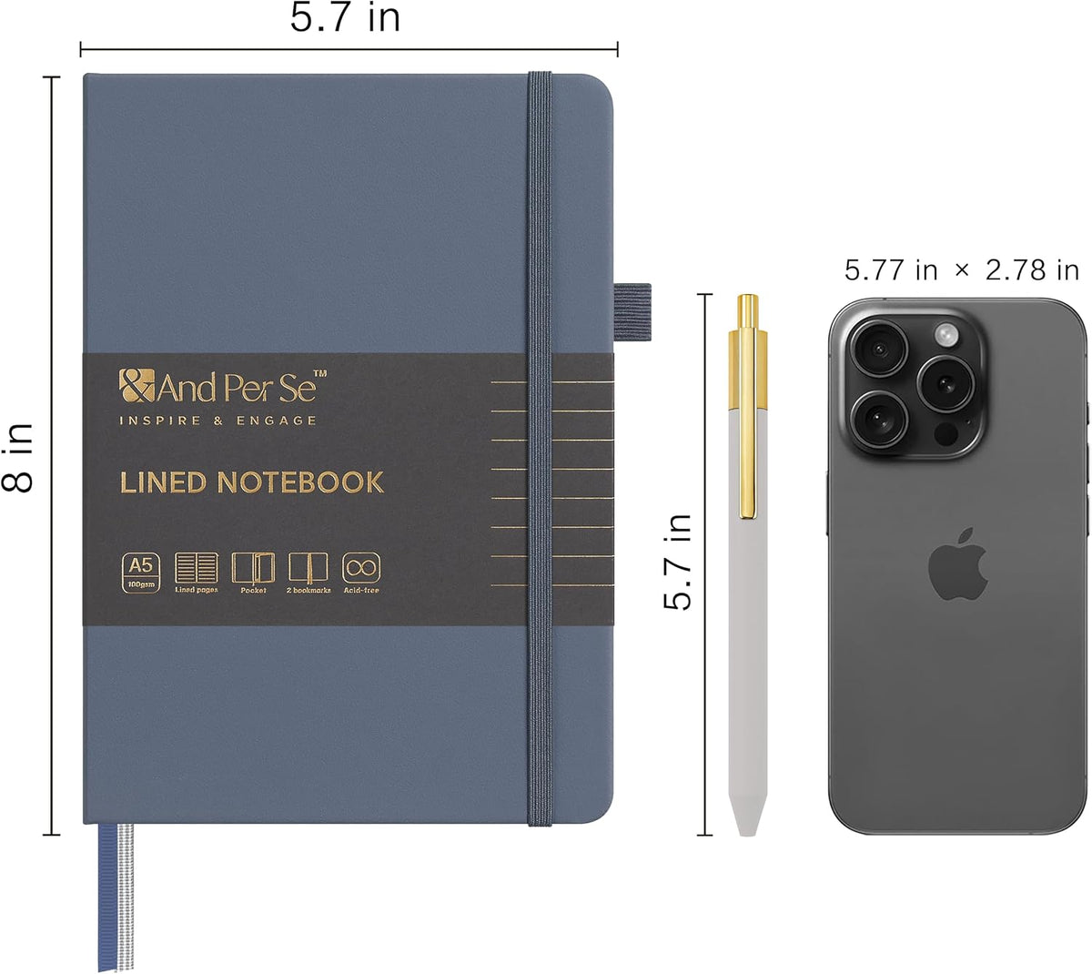 &And Per Se Lined Journal and Pen Set, A5 Leather Hardcover Notebook with Pen & Stationary Set, 160 Pages 100GSM Thick Ruled Paper Journal for Business Work Writing (Dark Blue)