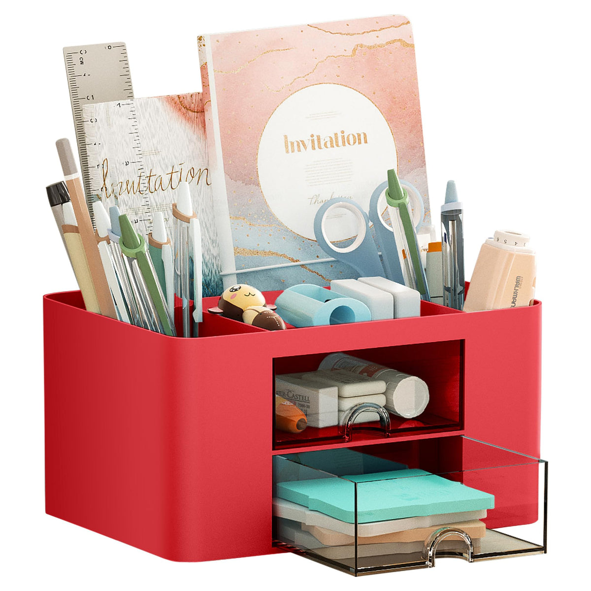 Marbrasse Pen Organizer with 2 Drawer, Multi-Functional Pencil Holder for Desk, Desk Organizers and Accessories with 5 Compartments + Drawer for Office Art Supplies (Black)
