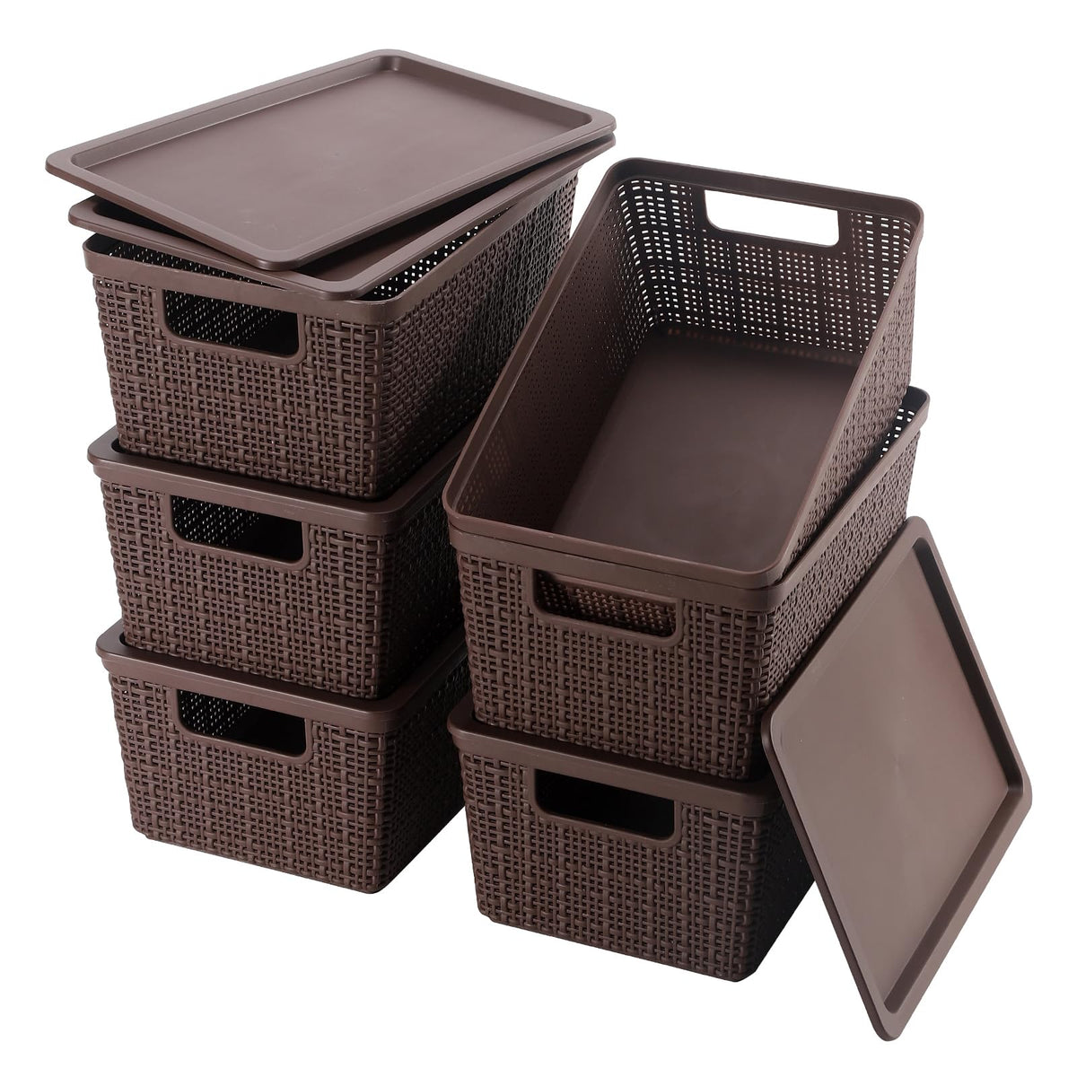6 Pack Plastic Storage Baskets,Brown bamboo lid storage Box