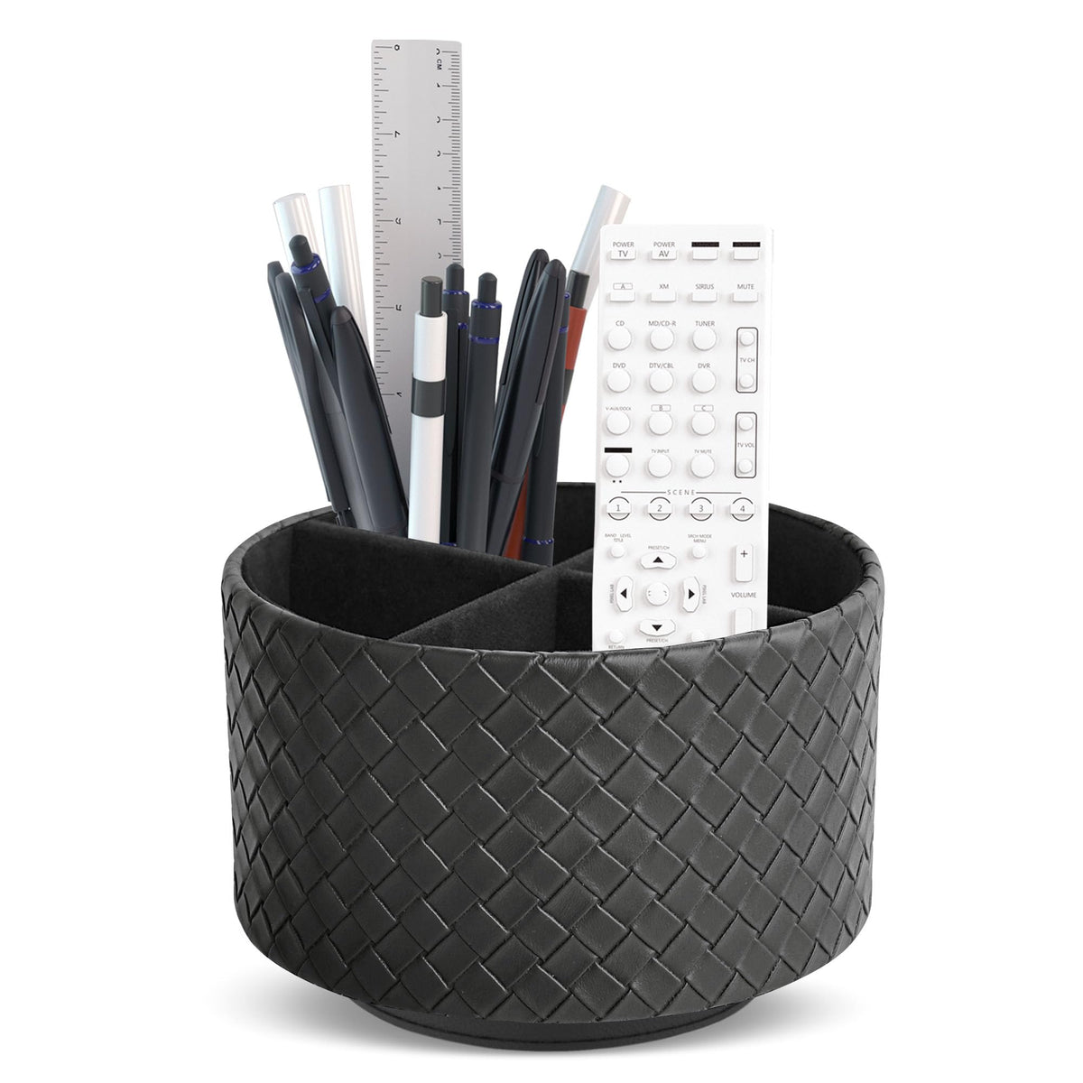 Round Leather Art Supply Organizer,Remote Control Holder,360 Degree Rotating,Multi-Functional Pencil Holder,4 Compartments Desktop Stationary Organizer(1-Fractal Flower)