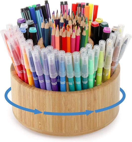 SOUJOY Bamboo Pen Holder Organizer, 360°Rotating Art Supply Organizer with 11 Compartments, Color Pencil Storage Caddy, Hold 200+ Pencils, Office Desk Stand Box for Marker Pens, Pencil, Art Brushes