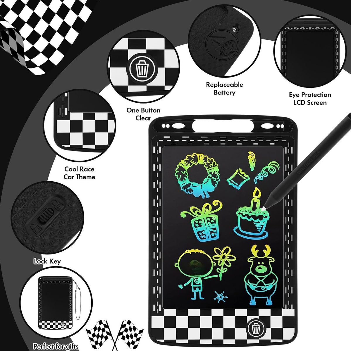 Tinlade 12 Pcs Racing LCD Writing Tablet for Kids 6.5 Inch Colorful Doodle Board Bulk Electronic Drawing Pad Erasable Reusable Party Supplies for Boys Girl Birthday Party Bags Educational