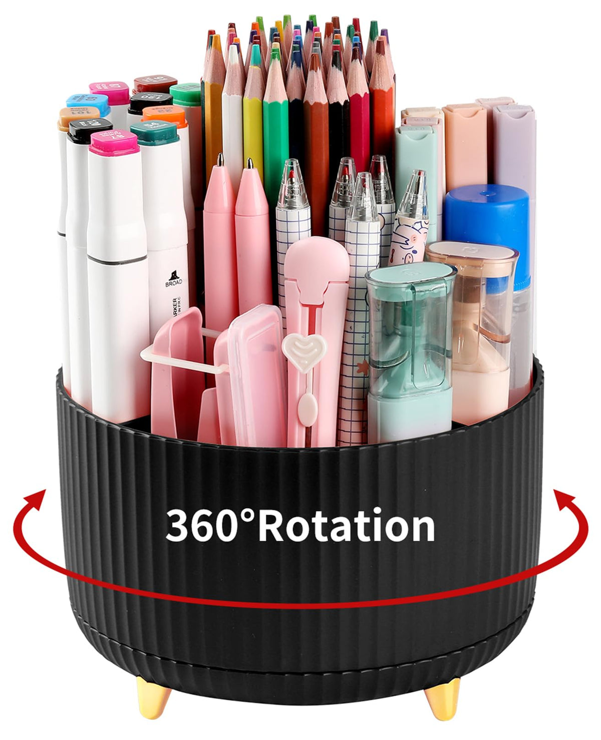 Desk Pencil Pen Holder, 5 Slots 360°Degree Rotating Pen Organizers for Desk, Desktop Storage Stationery Supplies Organizer, Cute Pencil Cup Pot for Office, School, Home, Art Supply, Dark Green