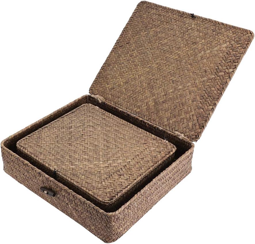 Hipiwe Set of 2 Flat Wicker Storage Basket Bins with Lid Woven Seagrass Box