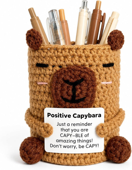 Positive Crochet Capybara Pen Holder - Cute Knitted Desk Organizer for Pens & Makeup Brushes, Funny Emotional Support Capybara Gift for Office & Teachers (Color‌1)