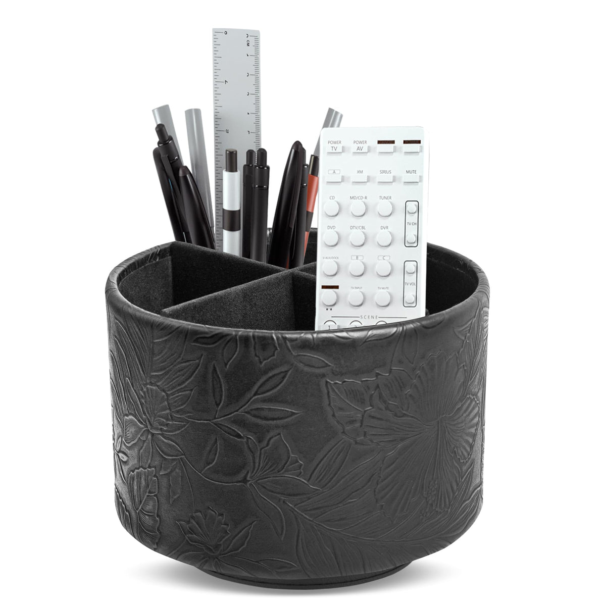 Round Leather Art Supply Organizer,Remote Control Holder,360 Degree Rotating,Multi-Functional Pencil Holder,4 Compartments Desktop Stationary Organizer(1-Fractal Flower)