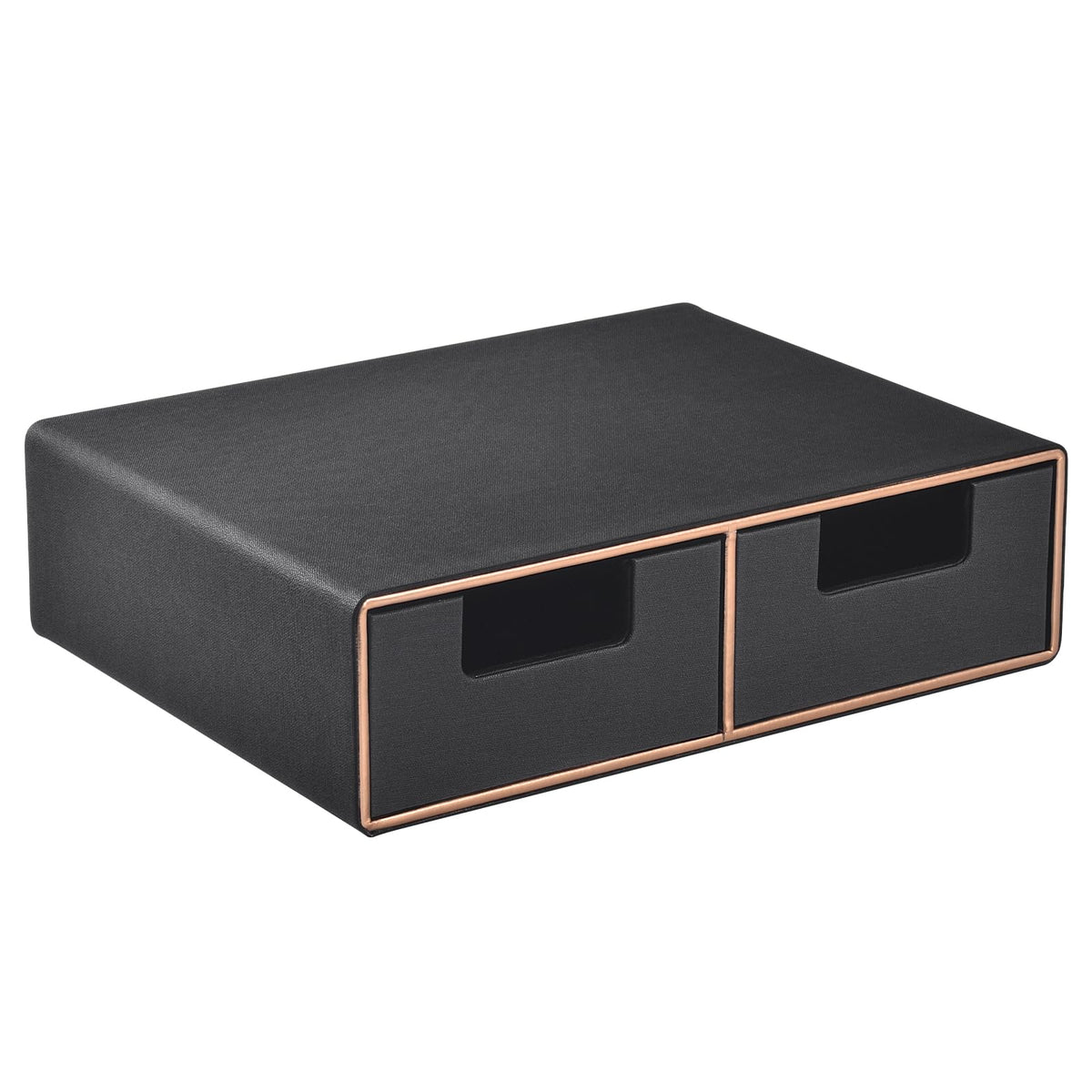 Linen Leather Desk Organizer and monitor stand with Drawers－Mini Desktop Drawer Organizer Stackable－Tabletop Organization Storage Box for Office Supplies Home Vanity Toiletries (Black, 2-drawers)