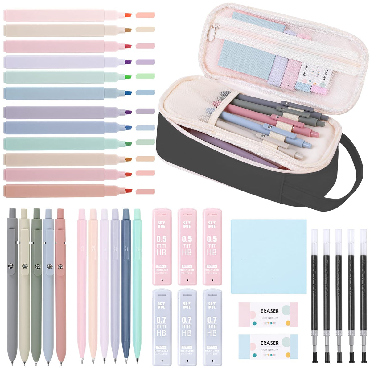 SKYDUE School Supplies Kit, 38 PCS Cute Stationery Set with Large Pencil Case, Pens, Mechanical Pencil Set, Highlighters & Refills, Aesthetic School Supplies for Girls, College, Back to School Pink
