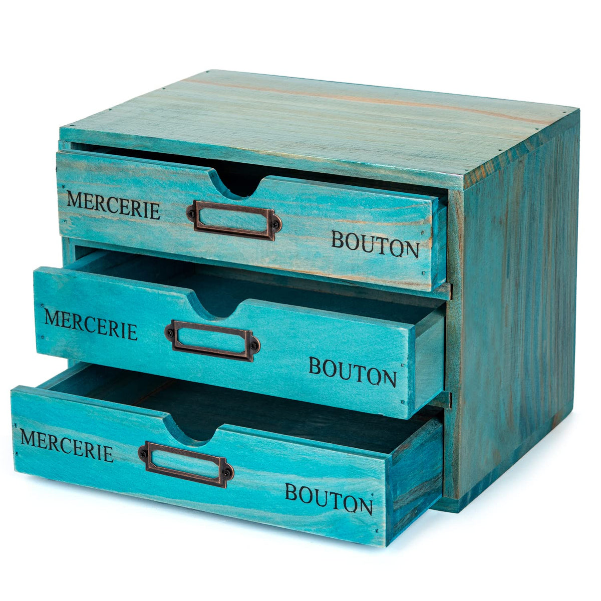 Turquoise Single Drawer Unit - European Country Style Desk Organizer Box - 9.7x7x2.6 Teal Wooden Stackable Drawer - Countertop Organizer Drawer w/Label Holder - Single Monitor Shelf
