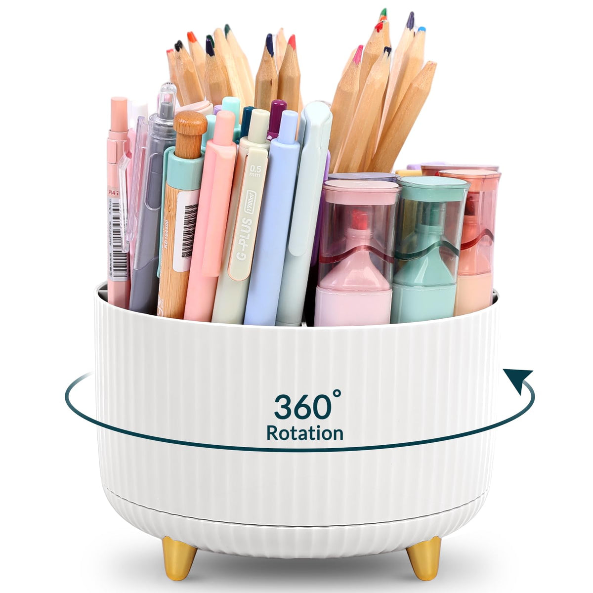 KONVINIT Pencil Pen Holder for Desk, 5 Slots 360 - Degree Rotating Desktop Organizer, Cute Desk Organizers and Accessories for School, Home, Office and Art Supply, Black