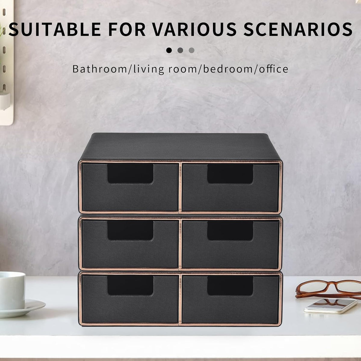 Linen Leather Desk Organizer and monitor stand with Drawers－Mini Desktop Drawer Organizer Stackable－Tabletop Organization Storage Box for Office Supplies Home Vanity Toiletries (Black, 2-drawers)