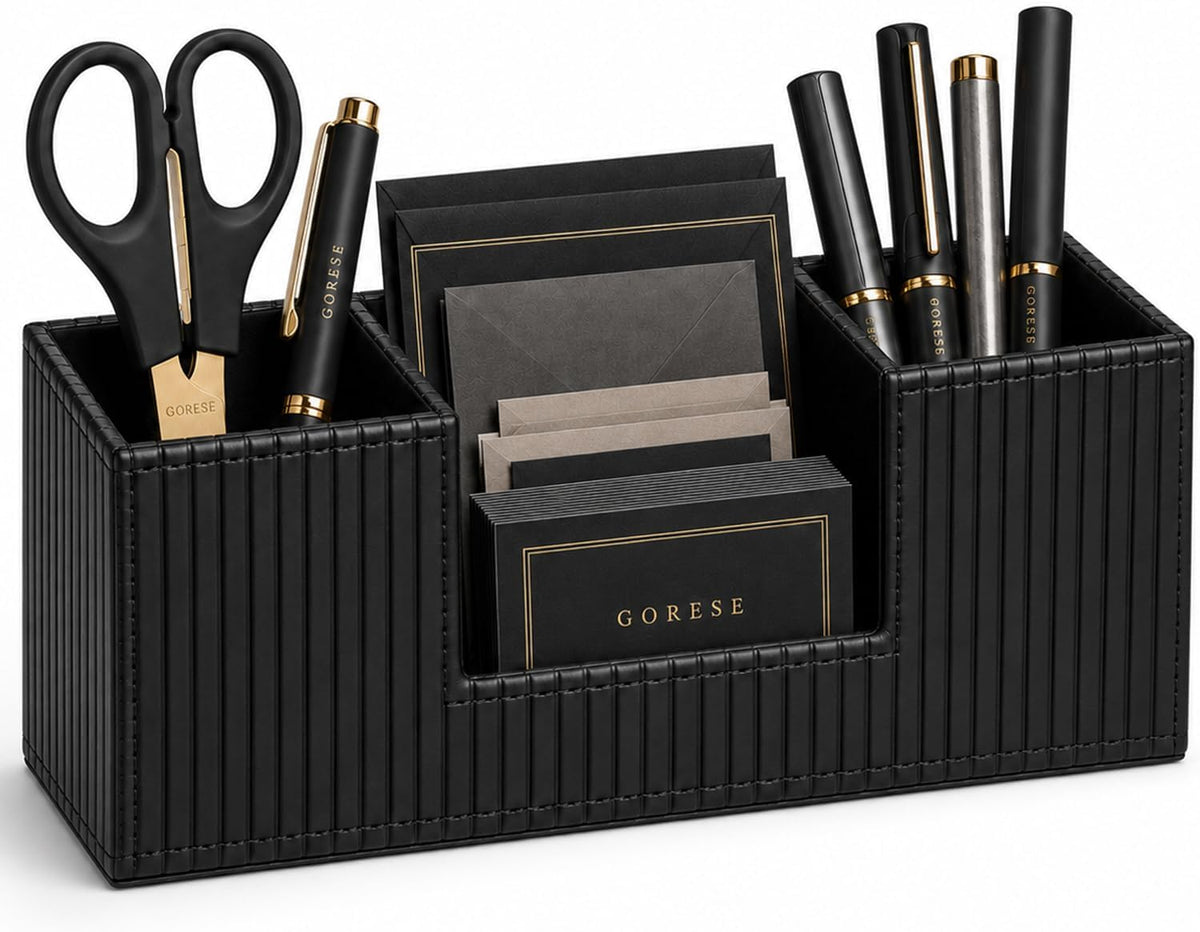 GORESE Pen Holder for Desk, PU Leather Desk Organizer for Office, Black