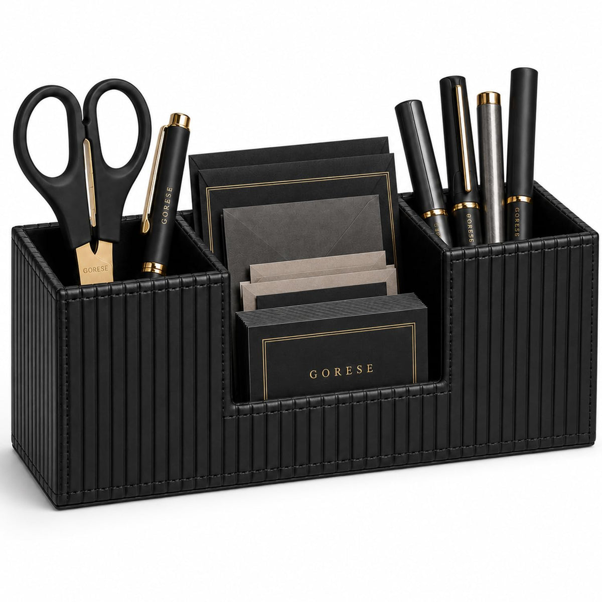 GORESE Pen Holder for Desk, PU Leather Desk Organizer for Office, Black