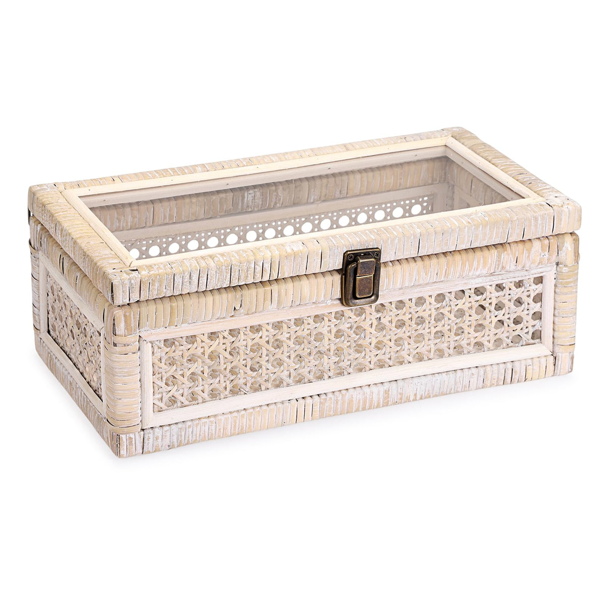 Hipiwe Rattan Display Box with Clear Lid Rectangular Wicker Storage Basket
