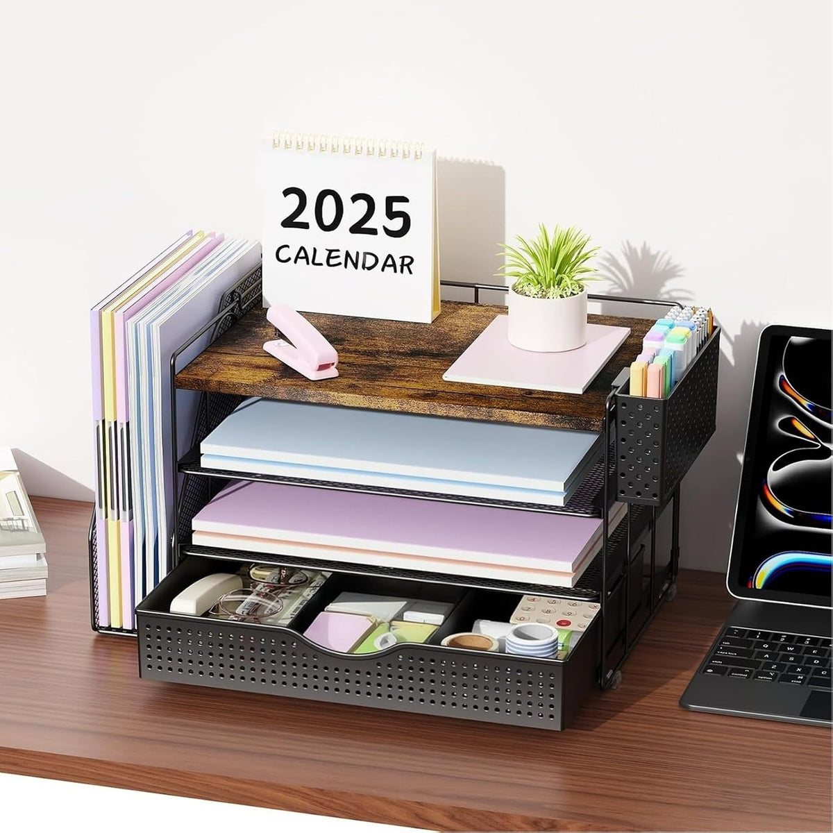 Wood Desk Organizers and Accessories with File Holder & Catalog Racks