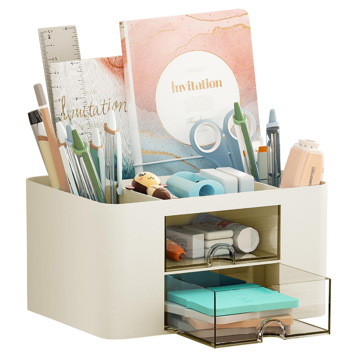 Marbrasse Pen Organizer with 2 Drawer, Multi-Functional Pencil Holder for Desk, Desk Organizers and Accessories with 5 Compartments + Drawer for Office Art Supplies (Black)