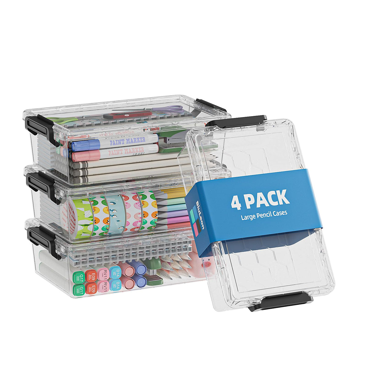 BiuLeon 4 Pack Extra Large Pencil Box, Plastic Pencil Case Organizer, Clear Crayon Box Marker Organizer, Stackable Craft Organizers and Storage for Pen, Craft, Art Supply(Grey)