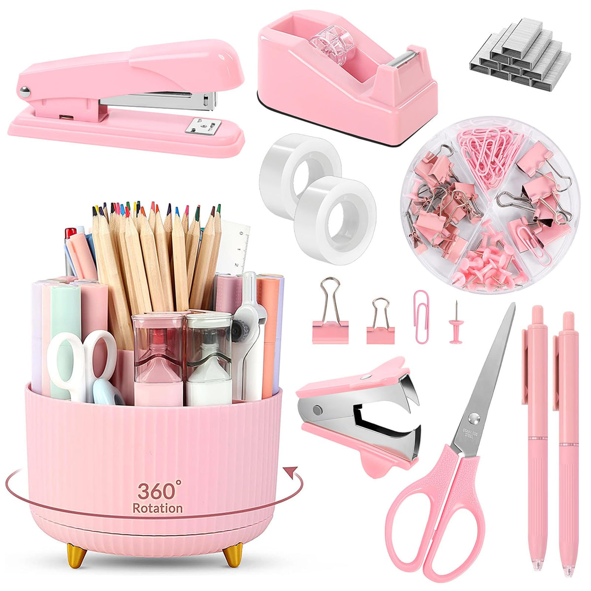 SKYDUE Pink Desk Accessories 11Pcs with Rotating Pen Holder for Desk
