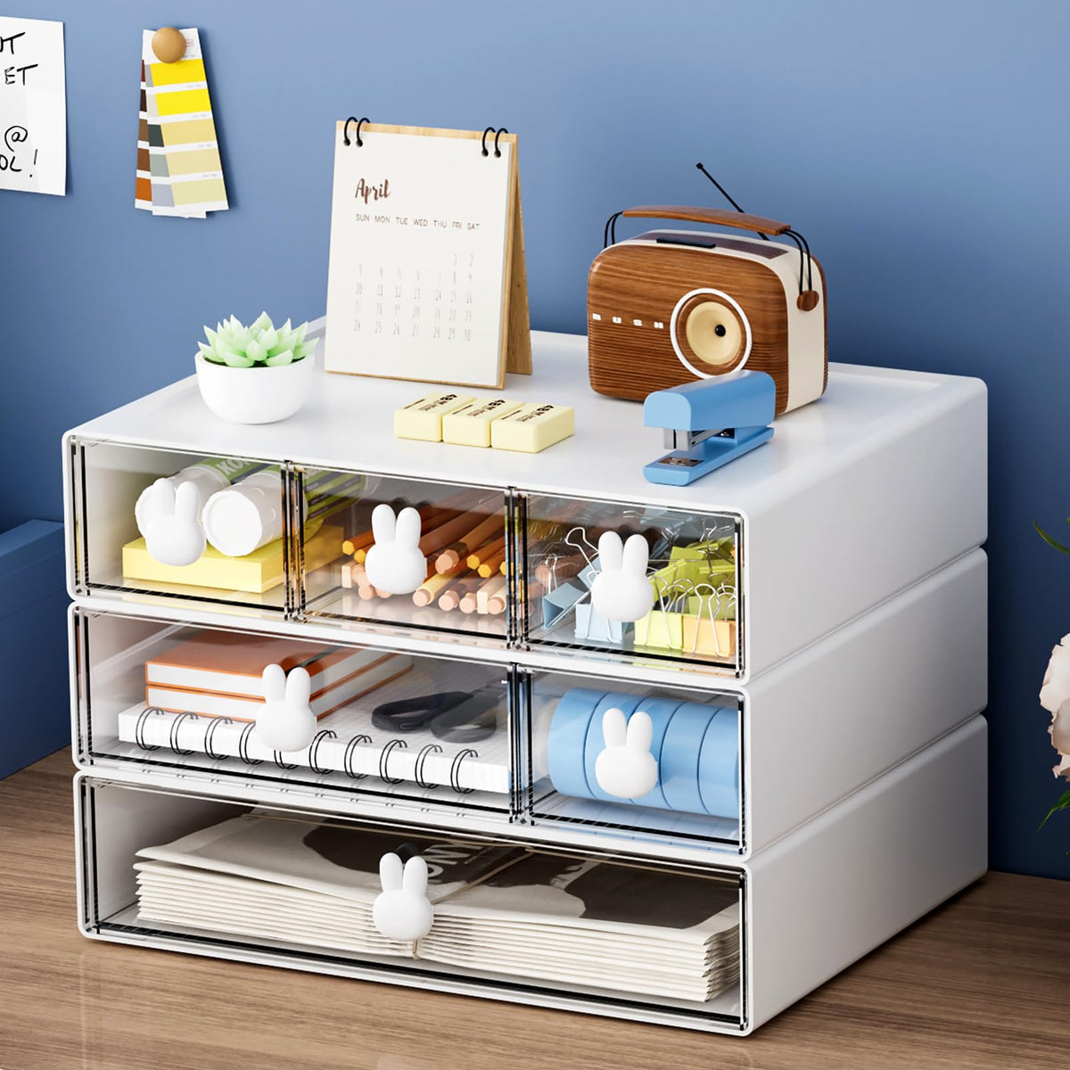 Marbrasse Desk Organizer with 6 Drawers, 3 Tier Stackable Storage Drawers Plastic Makeup Storage, Office Organizers and Storage, Desk Storage Box for Office, School, Home Pink