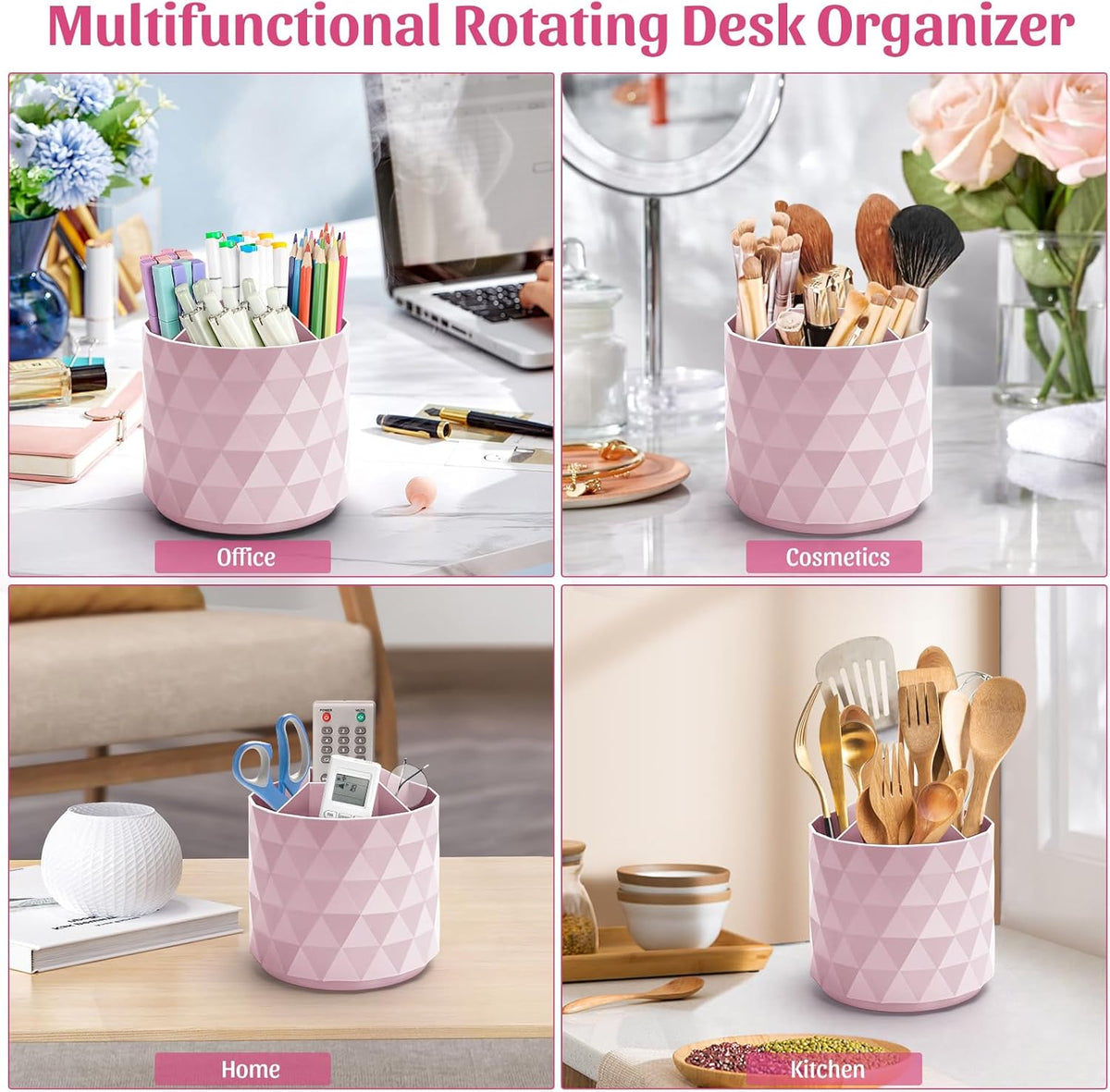 minimaliving Desk Organizer,Sparkling Diamond-like Pen Holder for Desk 360°Rotating Office Accessories,Pencil Cup with 5 Compartments Storage Box Caddy for Office,School,Home,Art Supply(Pink)