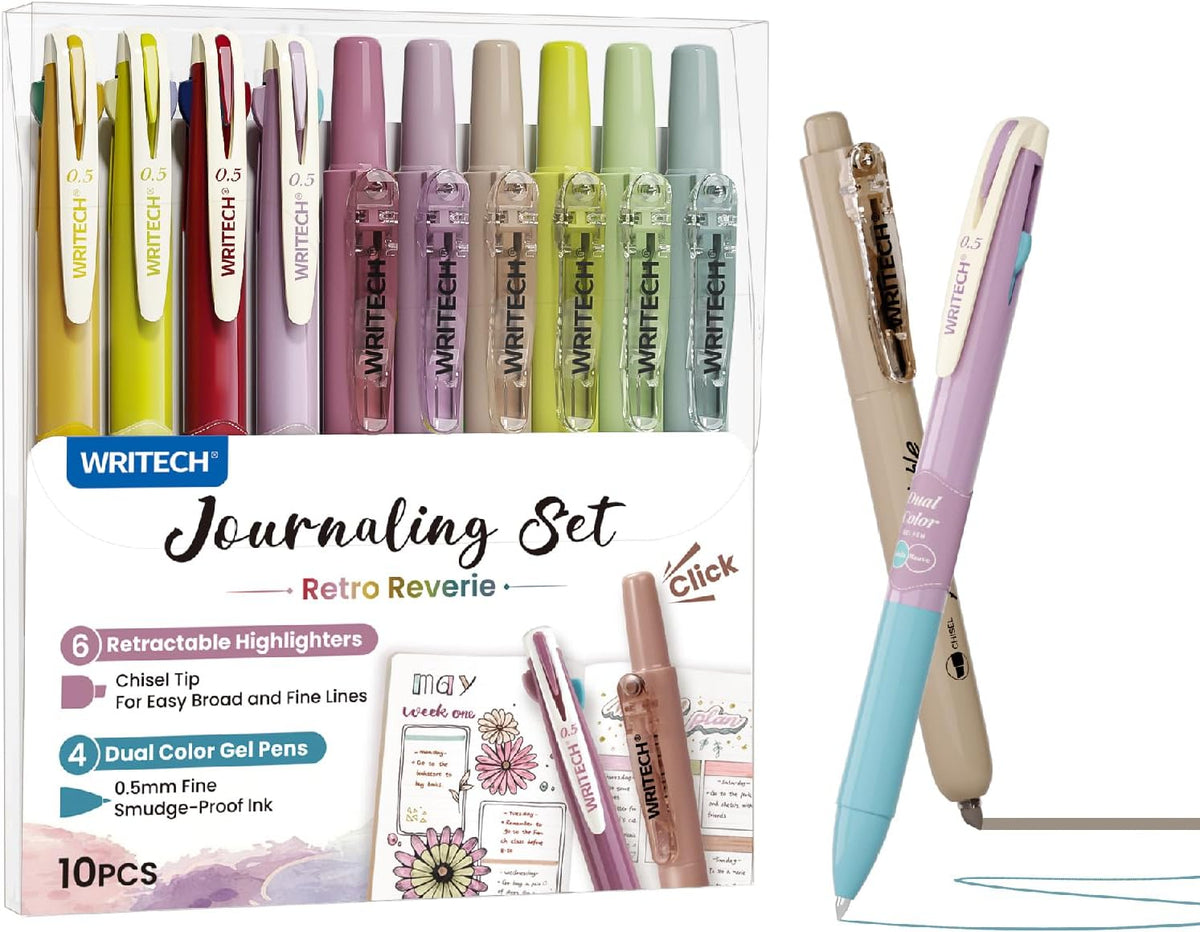 WRITECH Gel Pens Journaling Highlighters: Vintage 2-in-1 Journal Set 10ct