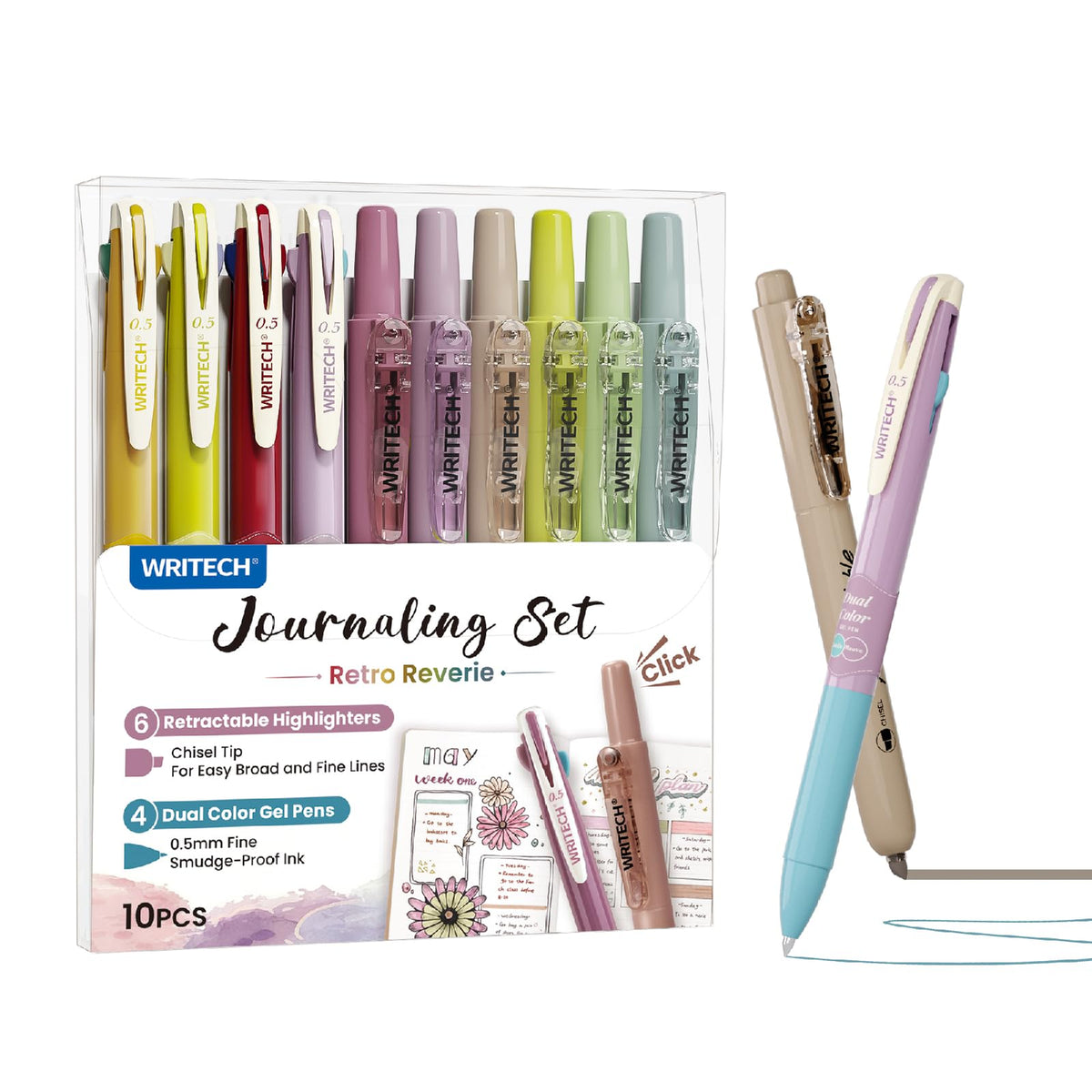 WRITECH Gel Pens Journaling Highlighters: Vintage 2-in-1 Journal Set 10ct