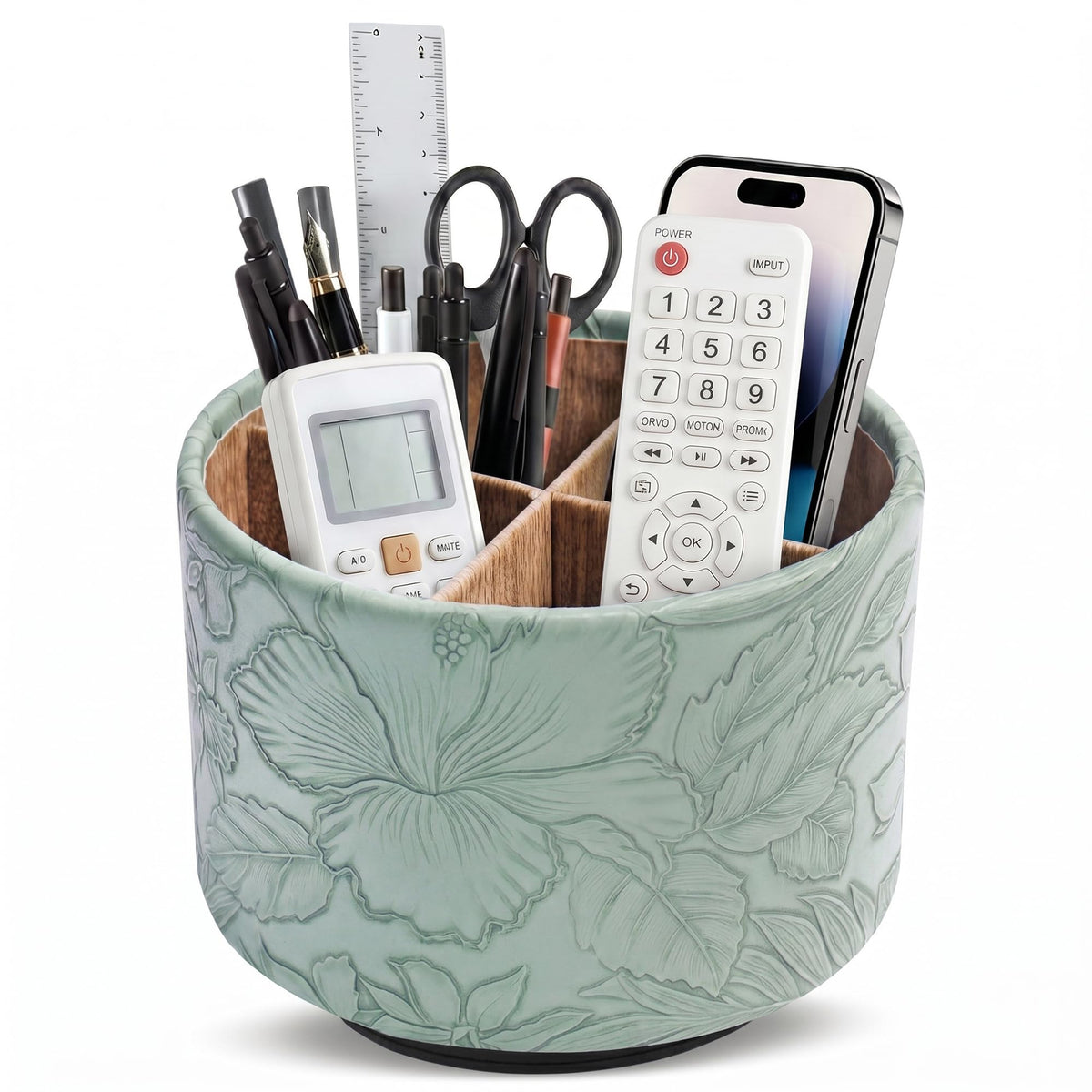 Round Leather Art Supply Organizer,Remote Control Holder,360 Degree Rotating,Multi-Functional Pencil Holder,4 Compartments Desktop Stationary Organizer(1-Fractal Flower)