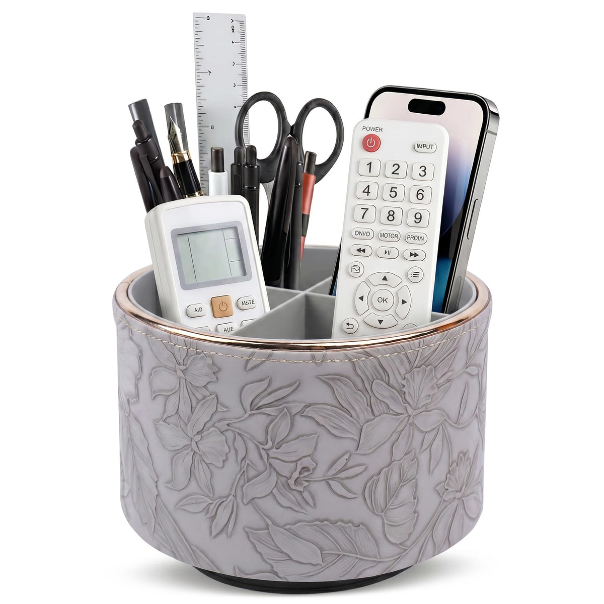 Round Leather Art Supply Organizer,Remote Control Holder,360 Degree Rotating,Multi-Functional Pencil Holder,4 Compartments Desktop Stationary Organizer(1-Fractal Flower)