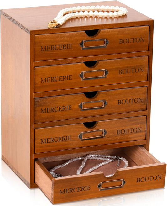 Wesiti Wooden Desk Organizer, 5 Drawers, Vintage Makeup Cabinet, Brown