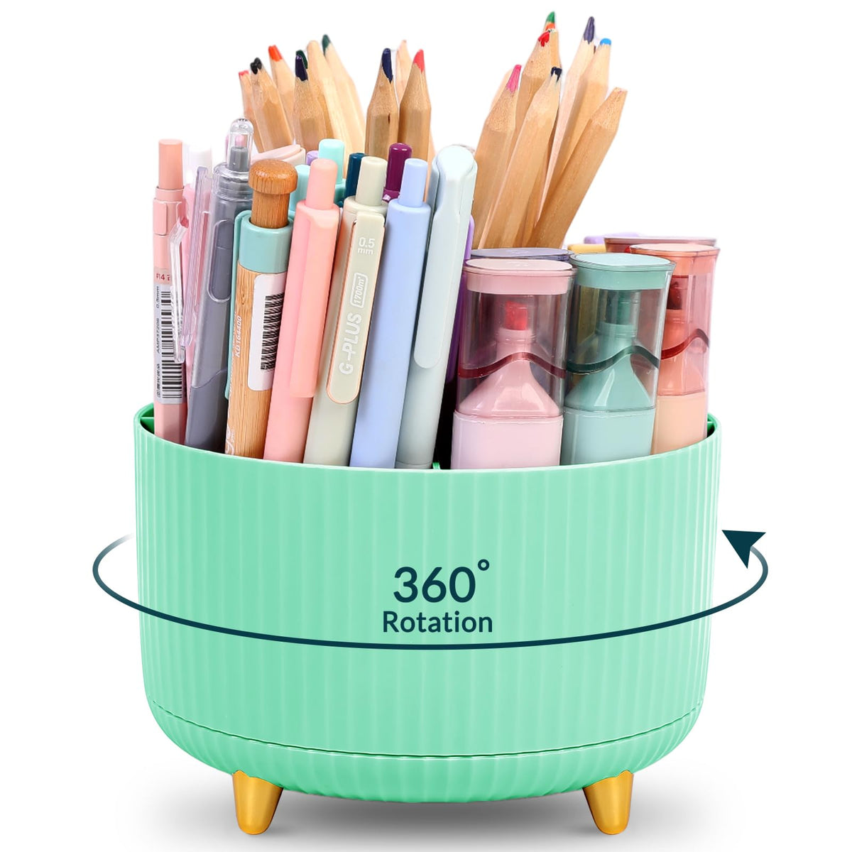 KONVINIT Pencil Pen Holder for Desk, 5 Slots 360 - Degree Rotating Desktop Organizer, Cute Desk Organizers and Accessories for School, Home, Office and Art Supply, Black