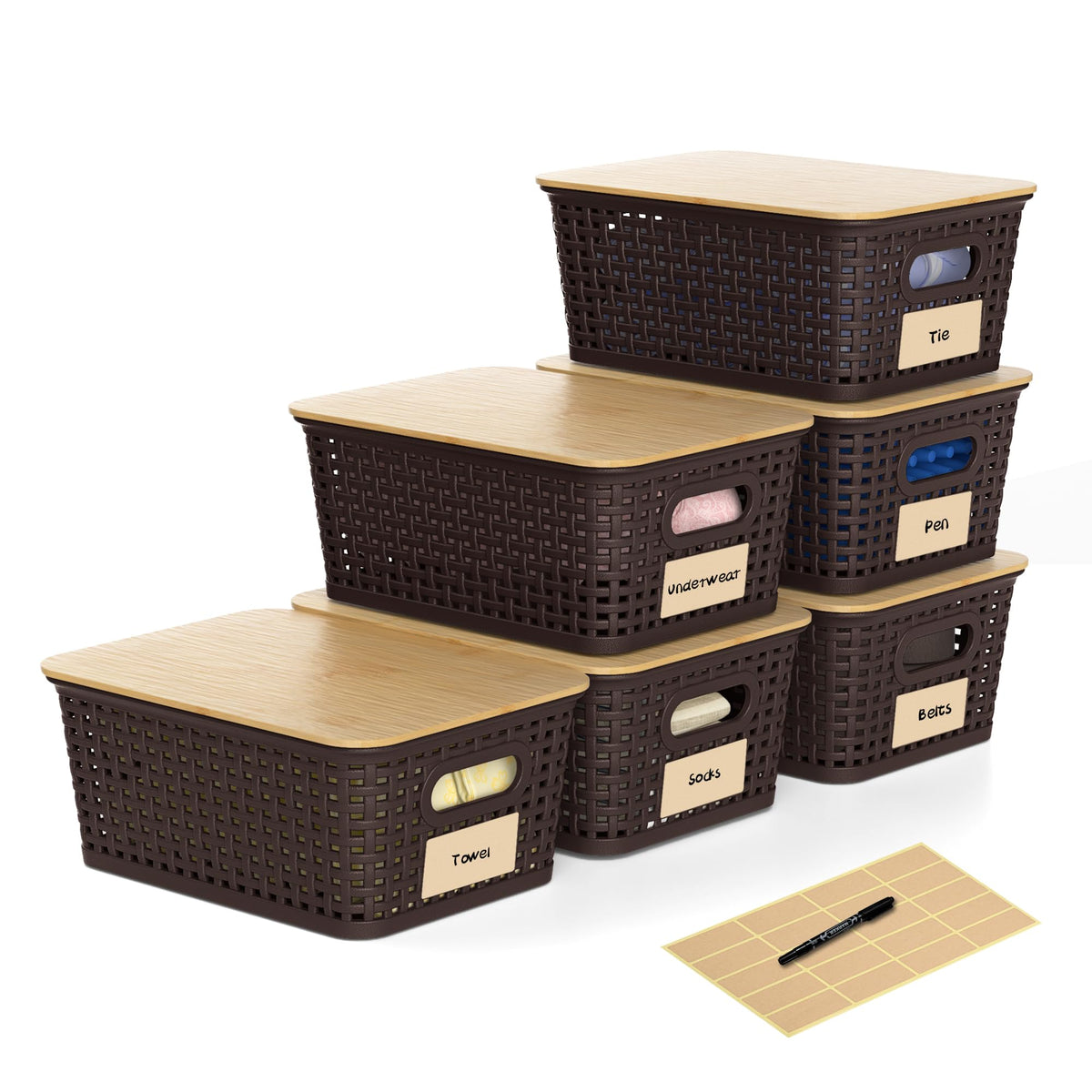 6 Pack Plastic Storage Baskets,White bamboo lid storage Box
